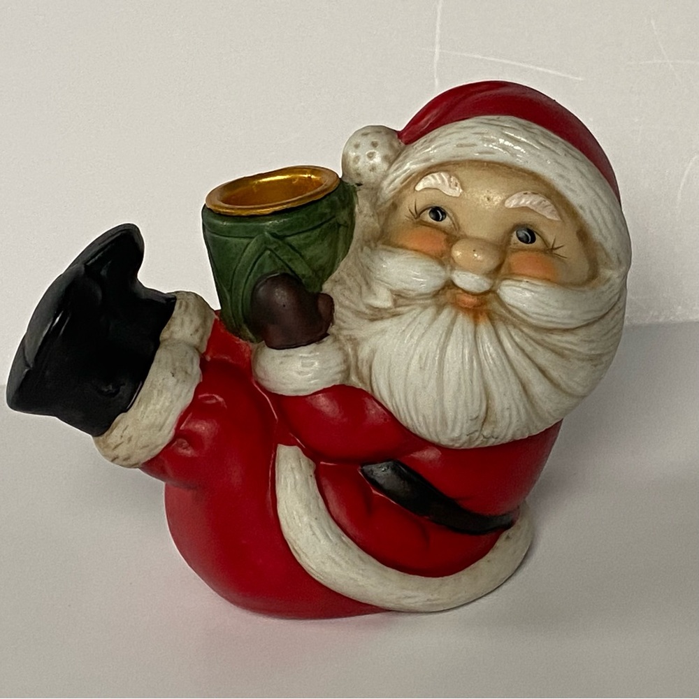 Sitting Santa Candle Holder Ceramic Christmas Decor Vintage EUC Clause Red White